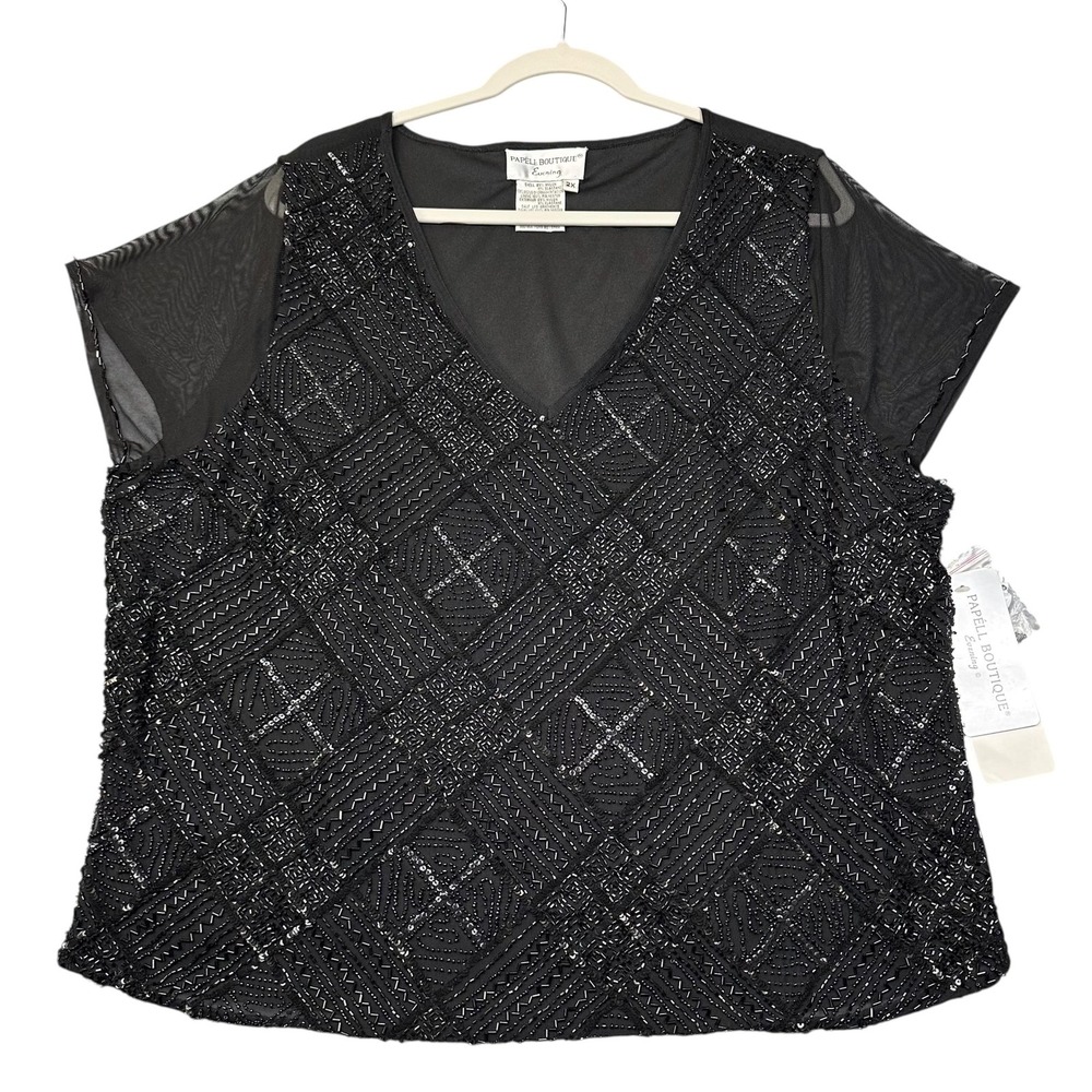 Papell Boutique Evening Top Womens 2X Beaded Short Sleeve V Neck‎ Party Blouse